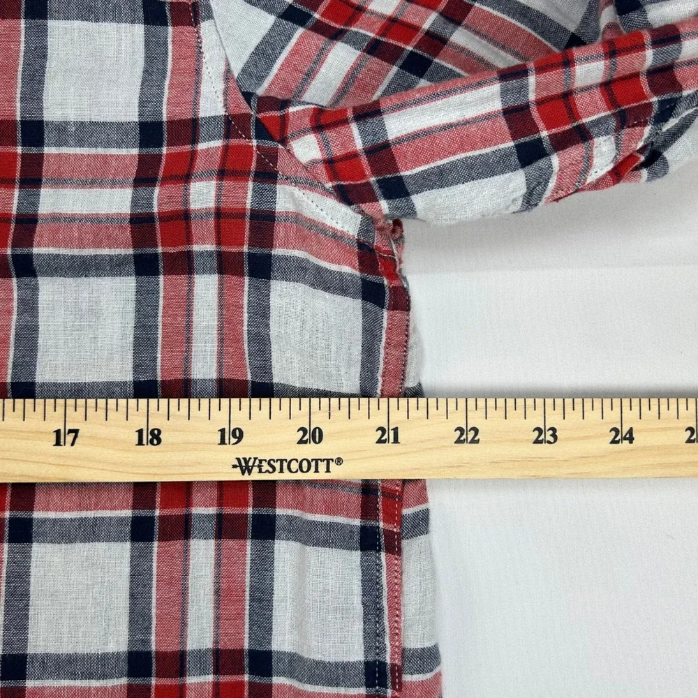 Banana Republic Mens‎ Untucked Slim Fit Plaid Button Down Shirt Red Blue Large